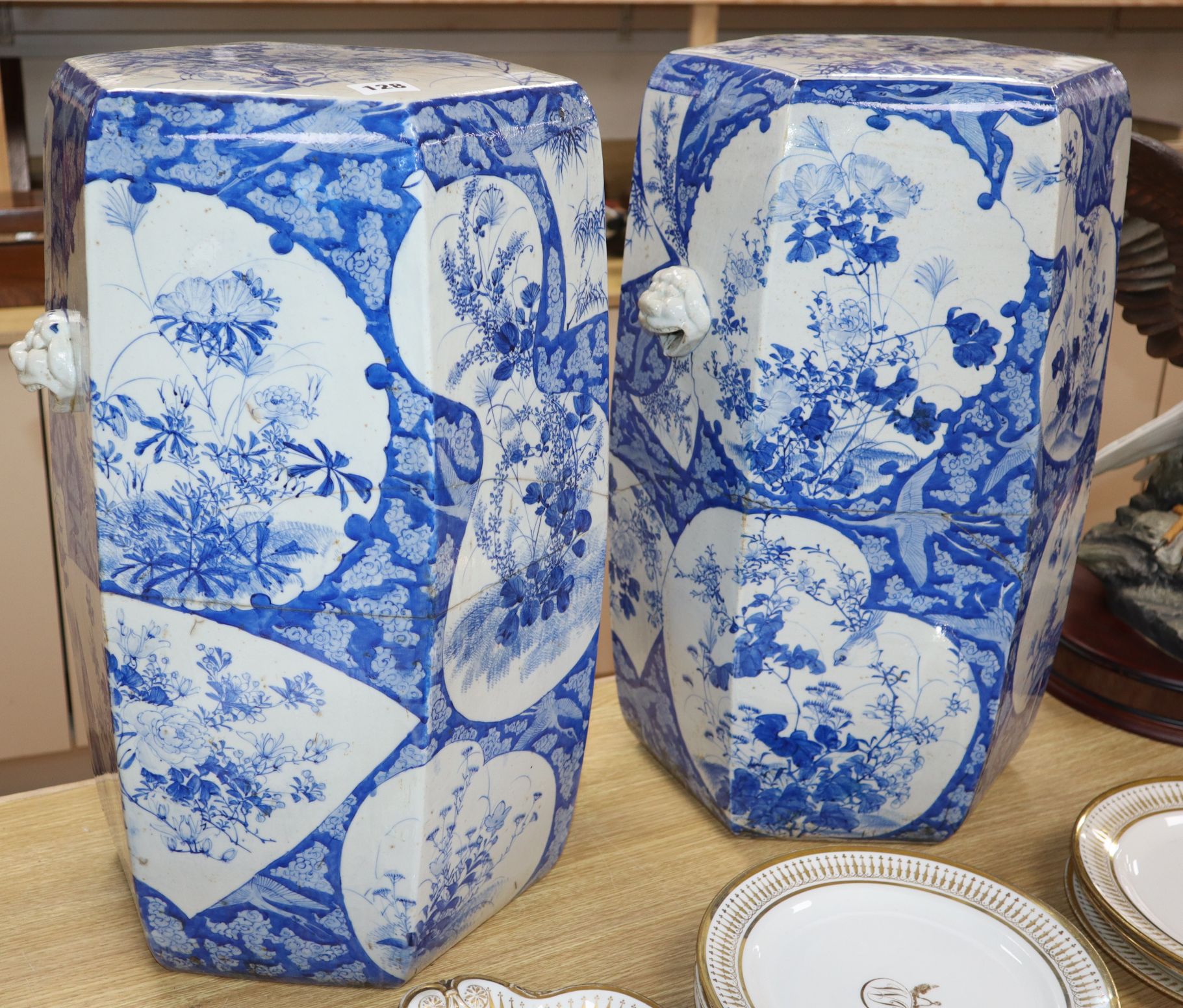 A pair of Japanese blue and white garden seats height 54cm