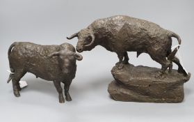 Two bronze models of bulls, one on naturalistic base, both signed 'F Martin', dated 05 and one