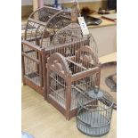 Three vintage Spanish wood and wirework bird cages