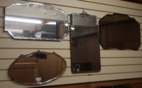 Four Art Deco style frameless wall mirrors largest W.72cm