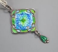 An Edwardian Art Nouveau silver and enamel drop pendant, James Fenton & Co, Birmingham, 1908, on a