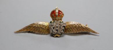 A 9ct gold, enamel and diamond set RAF sweethearts brooch, 51mm.