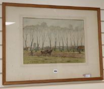 Martin Hardie (1975-1952), watercolour, Rural scene with horses ploughing, signed, 34 x 50cm