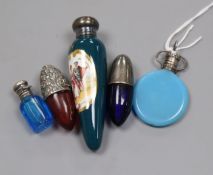 Five assorted miniature silver or white metal mounted scent flasks, largest 78mm.