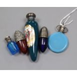 Five assorted miniature silver or white metal mounted scent flasks, largest 78mm.