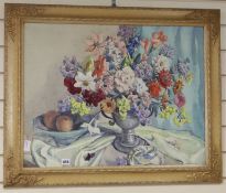 Beatrice Johnson (20th century), watercolour, Still life of mixed flowers and fruit on a table,