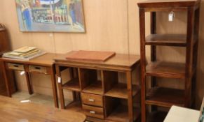 A hardwood office storage cabinet, fitted two drawers and open shelves, a narrow four tier unit