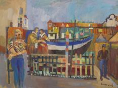 Derek Inwood, oil on canvas, 'Tudor figures by a boat', 90 x 120cm