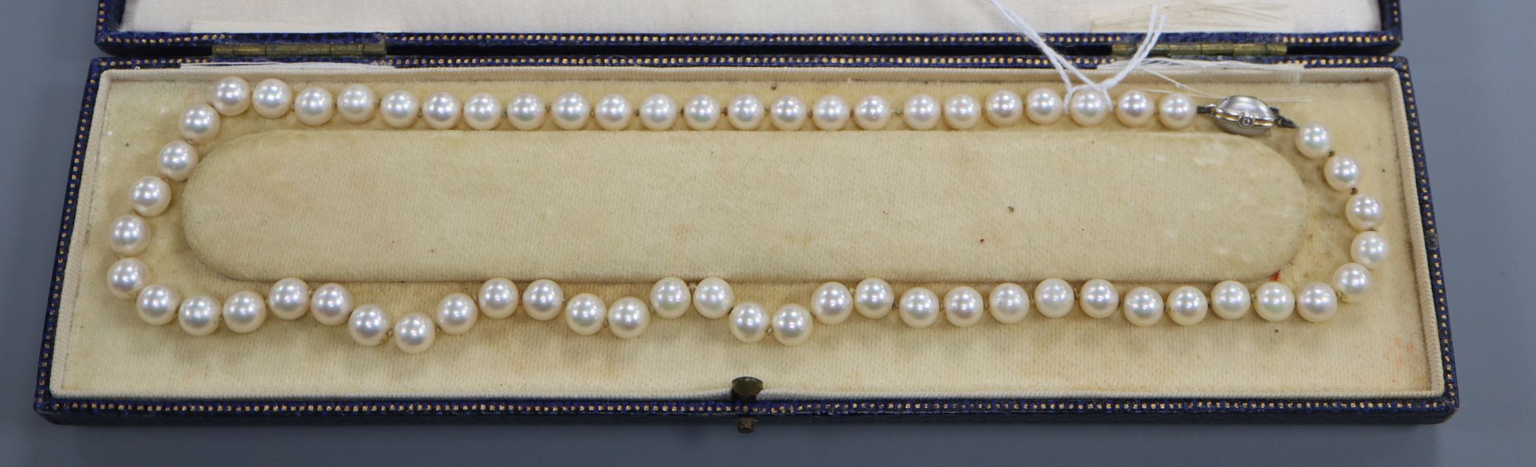 A Mappin & Webb Akoya cultured pearl necklace, with a single row of 61 uniform pearls and 18ct