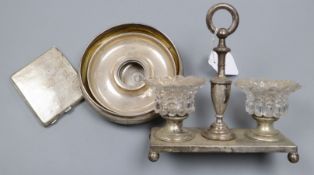 Various white metal dishes including 900, a silver cigarette case and a plated condiment stand.