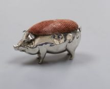 An Edwardian novelty silver pin cushion, modelled as a pig, Henry Matthews, Chester, 1909, length