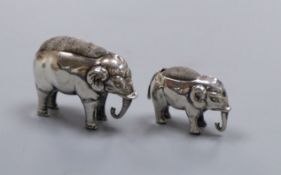 Two small novelty silver elephant pin cushions, Saunders & Shepherd, Birmingham, 1905? & Adie &