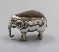 An Edwardian novelty silver pin cushion, modelled as an elephant, Saunders & Shepherd, Birmingham,