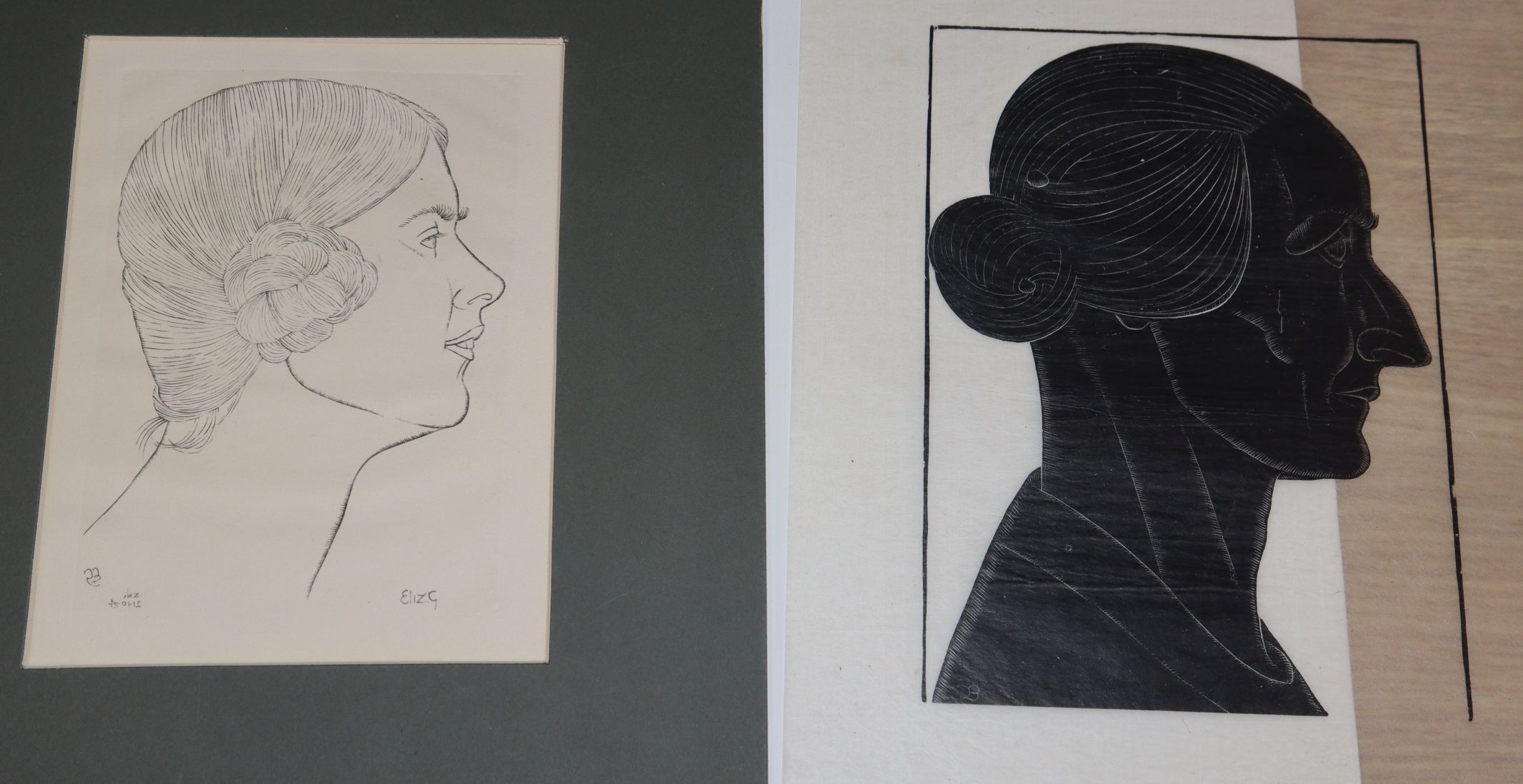 Eric Gill, engraving on ink, ElizG, wood engraving on tissue paper, Silhouette of a woman, largest