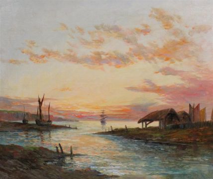 Continental School, oil on canvas, Harbour scene at sunset, indistinctly signed, 51 x 61cm signed,