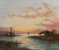 Continental School, oil on canvas, Harbour scene at sunset, indistinctly signed, 51 x 61cm signed,