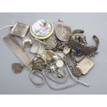Mixed jewellery and silver including an enamelled compact(a.f.), silver travelling watch, silver