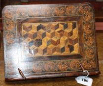 A Victorian Tunbridge ware rosewood tesserae mosaic and perspective cube book stand
