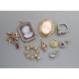 A cameo brooch, a 15ct turquoise and seed pearl pendant, six other pendants and a textured 18ct