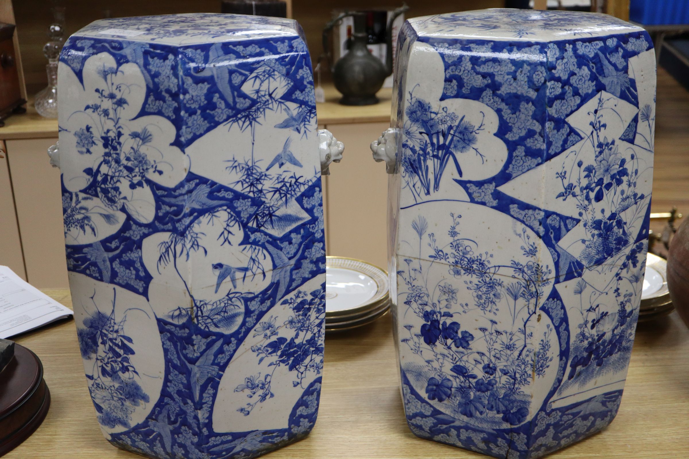 A pair of Japanese blue and white garden seats height 54cm - Image 7 of 8
