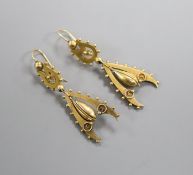 A stylish pair of Victorian yellow metal drop earrings with beaded borders, 52mm.