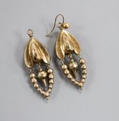 A pair of Victorian yellow metal navette shaped beaded drop earrings, 37mm.