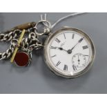 A Waltham 'The Farringdon' keywind silver pocket watch, with silver albert and chalcedony set