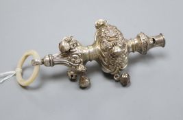 An Edwardian silver child's rattle, with bells, whistle and teether, Crisford & Norris,