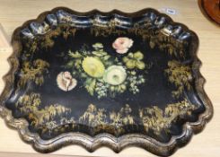 A Victorian hand painted papier mache tray length 69cm