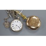 A Waltham gold plated pocket watch and a white metal pocket watch with silver albert.