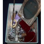 Mixed jewellery etc. including costume and silver, a silver photograph frame, silver child's rattle,