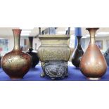 Two Japanese bronze vases and two bronze incense burners tallest 25cm