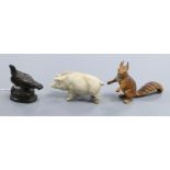 'A Cain', a small bronze cockerel, a pottery pig and a spelter squirrel