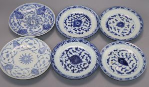 Six Chinese small blue and white plates, Daoguang period (1821-1850), four near matching