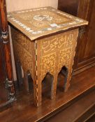 A Moorish mother of pearl inlay square occasional table W.36cm