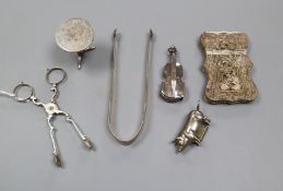 Small silver/ white metal items, including Georgian sugar nips, sugar tongs, Chinese card case,