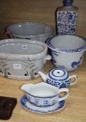 A quantity of blue and white porcelain and two footbaths