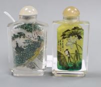 Two Chinese inside-painted square-section snuff bottles, one decorated with swallows and other birds