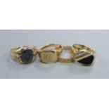 Two 9ct gold rings including a signet ring and two other 9ct rings.