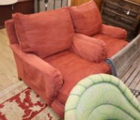 A pair of contemporary Howard style terracotta chenille upholstered armchairs, by Duresta