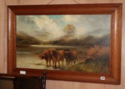 Fraser Forsyth, oil on canvas, Highland cattle watering, signed, 45 x 80cm