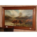 Fraser Forsyth, oil on canvas, Highland cattle watering, signed, 45 x 80cm