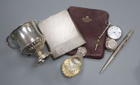 A silver cigarette case, caddy spoon, fob watch, christening mug and sovereign case(a.f.).