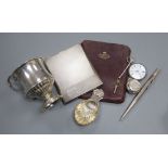 A silver cigarette case, caddy spoon, fob watch, christening mug and sovereign case(a.f.).