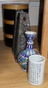 A Middle Eastern pot, a pair of pewter vases, three lacquer stacking boxes and a Chinese porcelain