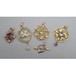 Five assorted early 20th century and later yellow metal and gem set pendants, including three 9ct.