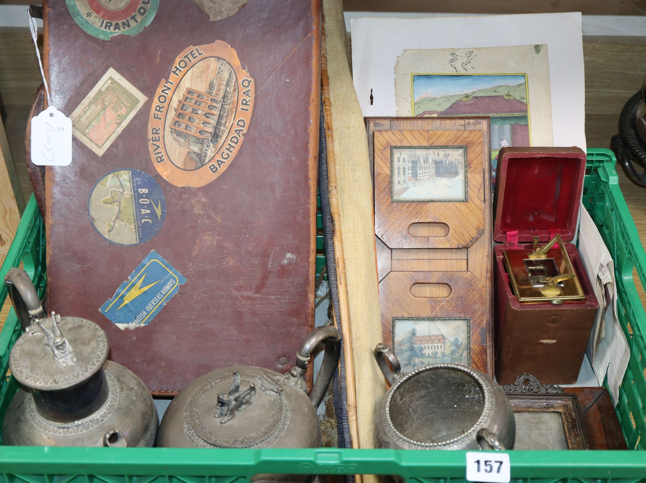 A 1920s leather labelled suitcase, bookslide etc