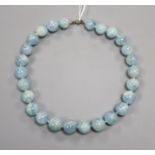 An aquamarine circular bead necklace, with 925 clasp, 44cm.