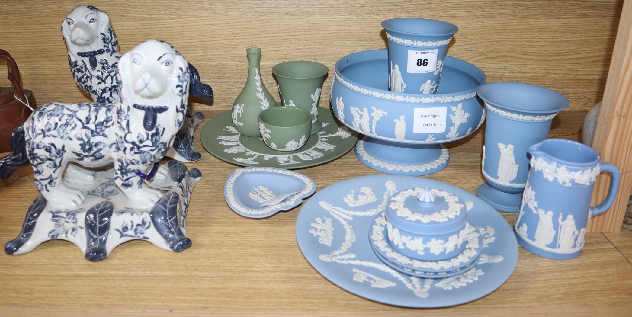 A collection of thirteen pieces of green and pale blue Wedgwood jasper pottery and a pair of ceramic - Image 2 of 2