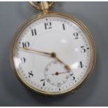 A 9ct gold open face pocket watch with Arabic numerals and subsidiary seconds.